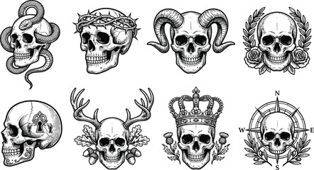 Fototapeta premium Collection of detailed skull tattoo flash designs featuring snakes, crowns, horns, roses, and compasses in a classic black and white style.