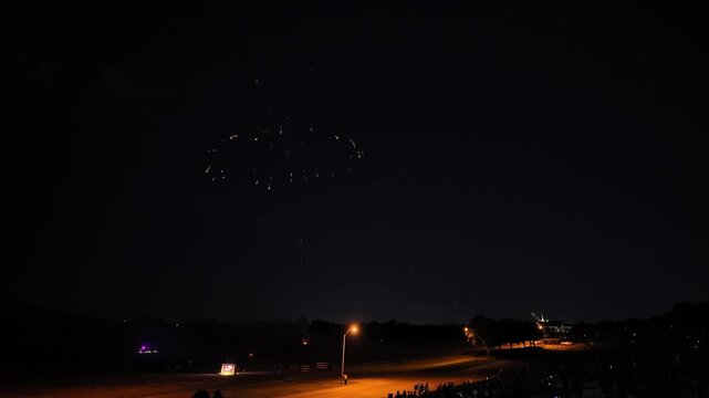 Green fireworks exploding in night sky above park
