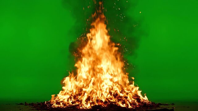 Intense orange and yellow fire flames flickering and rising against a solid green screen background for visual effects compositing