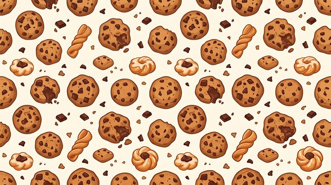 Seamless pattern of chocolate chip cookies and sweet biscuits