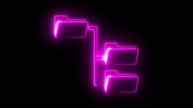 Neon Folder tree line icon on black background Computer network file folder organization structure flowchart. glowing neon page file animation icon. 4K Video motion graphic icon.