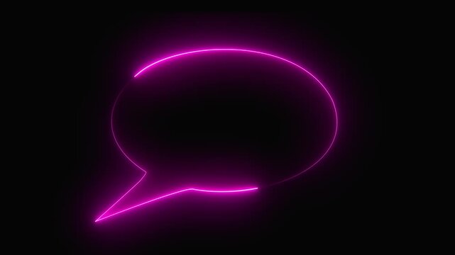 A neon sign in the shape of a comic book speech bubble, with an oval outline, flickering on and off at irregular intervals, glowing in a purple color icon video.