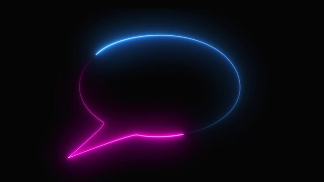 A neon sign in the shape of a comic book speech bubble, with an oval outline, flickering on and off at irregular intervals, glowing in a purple color icon video.