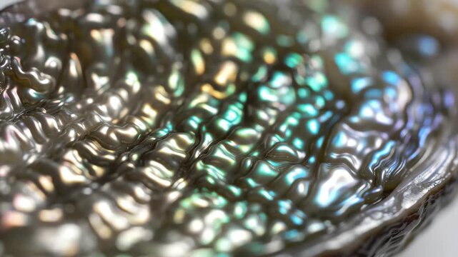 Macro close up rotating mother of pearl surface reflecting brilliant iridescent holographic light shifts slow motion abalone shell texture