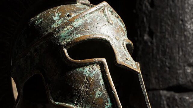 Macro shot of an ancient bronze Spartan helmet with nasal guard and cheek plates resting against a dark textured background with light sweeping across