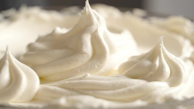 Macro view of luscious vanilla buttercream icing with rich swirls and velvety peaks in a bright ivory white aesthetic for baking background