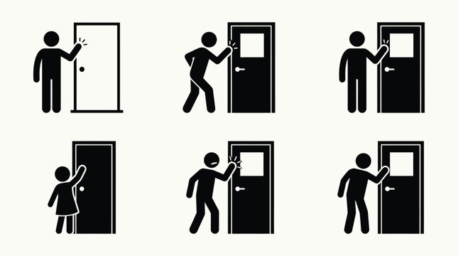 Person knocking on door vector icons set for entrance and visitor concept