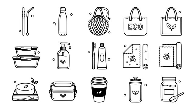 Eco-friendly lifestyle icons: reusable items for sustainable living, zero waste concept