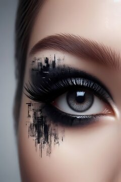 A glitchy glam look with a smeared, dragged liner on one side and a sharp wing on the other, Ai generated image
