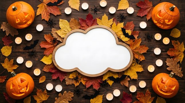 Happy halloween background with carved pumpkins and autumn leaves surrounding a blank cloud shaped frame for your seasonal holiday text