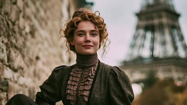 Paris, France, Europe. A portrait of a woman in a Victorianera style, captured in a side profile. She sits against a stone wall, with the Eiffel Tower visible in the background.