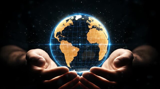 Digital earth globe held in hands showing glowing network connection and technology