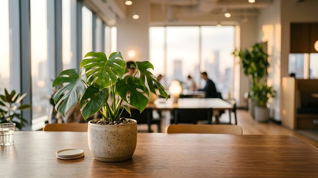 Biophilic corporate workplace featuring potted monstera plant on wooden desk in modern sunlit office interior