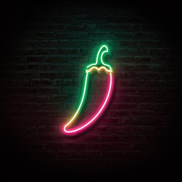 A vibrant neon chili pepper against a textured brick wall, glowing with green, orange, and pink light