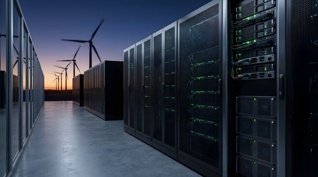 Green technology computing facility with modern server cabinets illuminated by wind farm at dusk