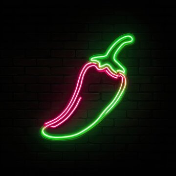 A neon sign depicts a chili pepper outlined in green and red against a black brick wall