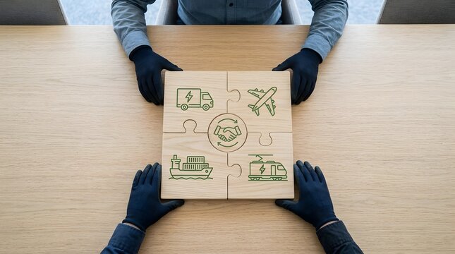 Sustainable supply chain partnership concept with hands assembling wooden puzzle showing green logistics and transportation icons