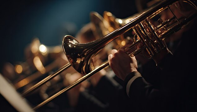 A close-up shot of a trombone player's hands on a gleaming instrument in a concert hall