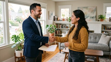 Fototapeta premium Real estate agent handing keys to new homeowner inside a house