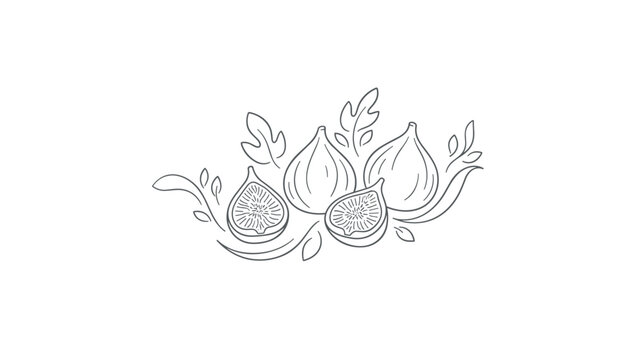 Hand drawn fig branch illustration with whole and halved sweet fruits surrounded by foliage and scroll details.