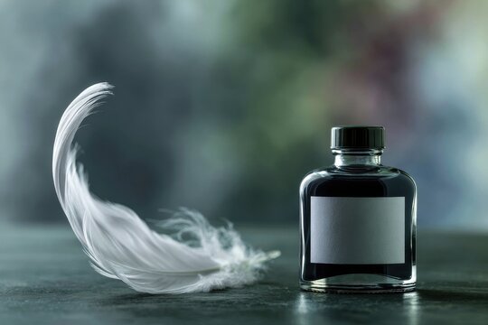 White feather and ink bottle. Creative writing concept.