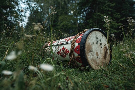 A vintage drum rests in a grassy field with scattered wildflowers and a blurred forest background