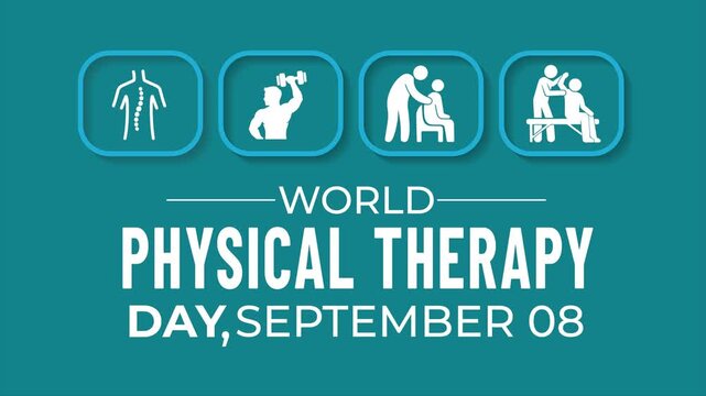 Motion graphics celebrating World Physical Therapy Day with clean vector design. Animated physical therapy icons. Healthcare animation scene. 4k animated video.