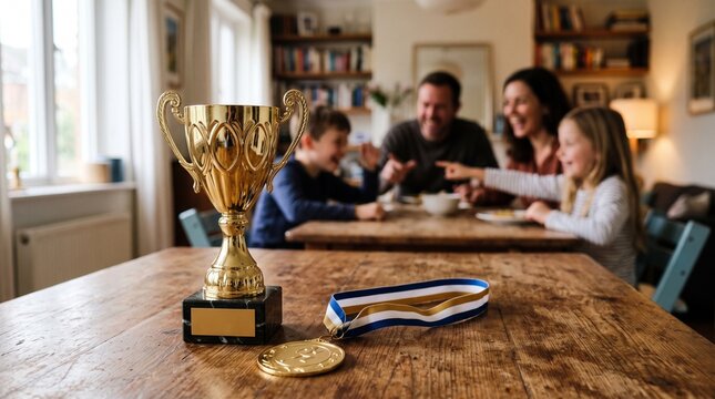 Family celebrating a trophy and medal victory at home