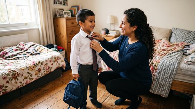 Mother tying tie on son in school uniform in bedroom getting ready