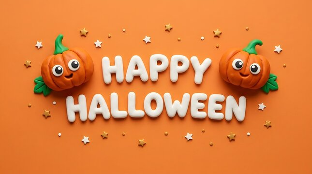 A festive 3d render of happy halloween text with cute cartoon pumpkins and confetti on a bright orange background surface