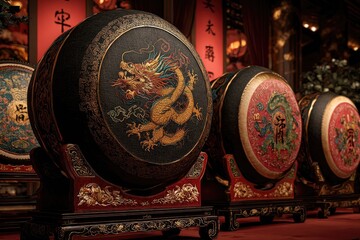 Naklejka premium Intricately decorated Chinese drums, showcasing ornate dragon designs and traditional temple decor
