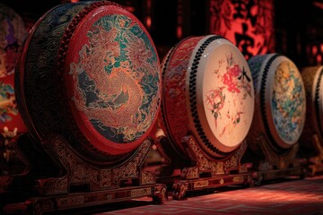 Naklejka premium A vibrant display of ornate, colorful traditional drums with painted surfaces, standing in a row