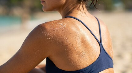 Fototapeta premium Close-up of a young woman's tanned back and shoulders covered in sea sand and water drops at the beach, wearing a blue swimsuit top, representing summer vacation, relaxation, and tropical travel.