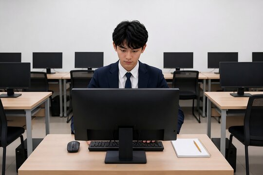 Young Asian Student Working on Desktop Computer in Modern Computer Lab
