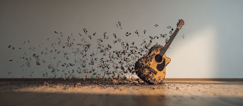 A guitar disintegrates into musical notes, suggesting sound creation or the transient nature of art