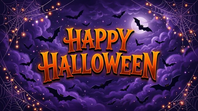 A festive happy halloween greeting card design featuring glowing orange text against a spooky dark purple background with flying bats