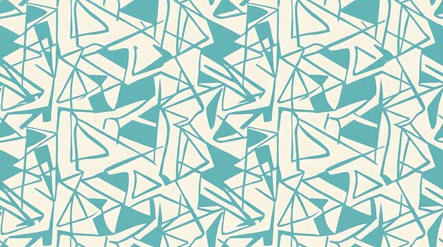 Abstract geometric seamless pattern with teal angular shapes on cream