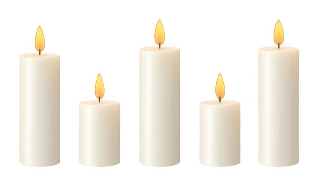 Candles standing in a row emit a soft warm glow against a clean white background, providing a serene atmosphere that is perfect for spa branding or interior design concepts requiring a minimalist.