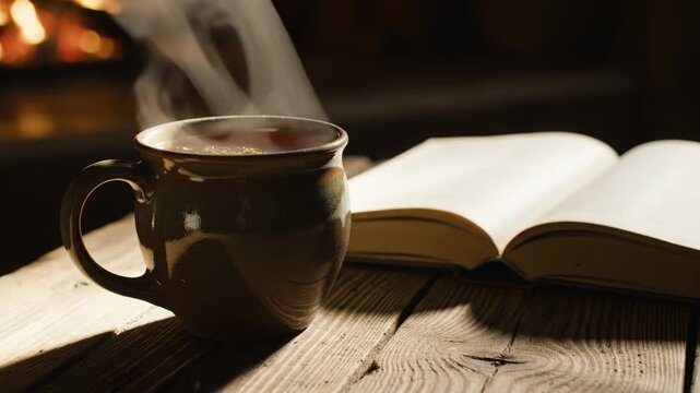 Steaming mug of hot tea next to an open book on a rustic wooden table, warm cozy atmosphere by the fireplace