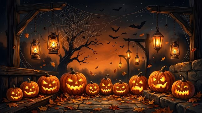 A festive happy halloween background featuring glowing carved jack o lanterns and vintage lanterns in a dark spooky forest setting