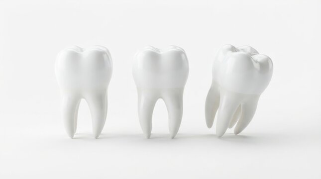 Clean white teeth models lined up on a light background, showcasing healthy dental care, oral hygiene, and dentistry concepts in a minimalist studio composition with professional lighting and space