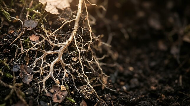Intricate white plant roots and mycelium growing in dark forest soil