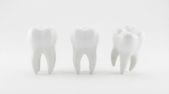 Clean white human teeth models arranged in a row on a bright studio background, showcasing dental health, oral hygiene, anatomy, and cosmetic dentistry concepts in professional 3D render illustration.