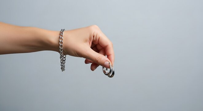 Woman holding silver hoop earrings and wearing a chain bracelet