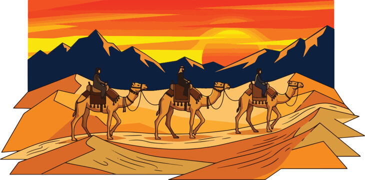 Stunning desert landscape illustration featuring a caravan of camels trekking across golden sand dunes at sunset with distant mountain ranges
