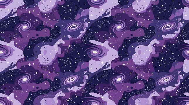 Seamless purple galaxy pattern with stars and spiral nebulae