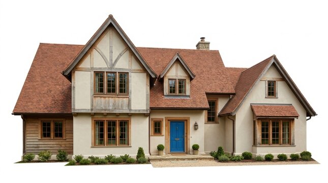 Stunning traditional English country house with half timber architecture, terracotta tiled roof, and vibrant blue front door, isolated on pure white background for architectural design concepts