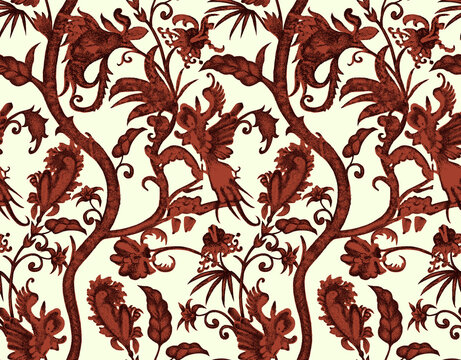 Intricate red floral damask seamless pattern on white vintage background texture