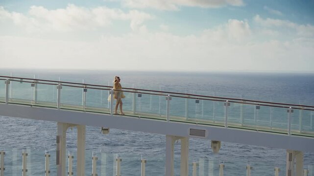 Young woman in flowing yellow summer dress walks along modern glass-paneled elevated skywalk bridge on luxury cruise ship with endless blue ocean horizon and scattered white clouds under bright sunny.
