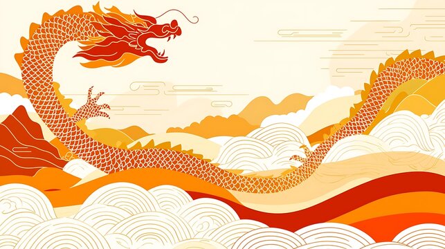 Stylized illustration of a chinese dragon against a cloud and wave pattern